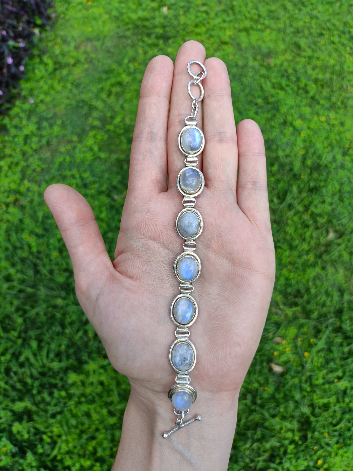 Vintage 925 sterling silver & moonstone toggle bracelet 18-19cm