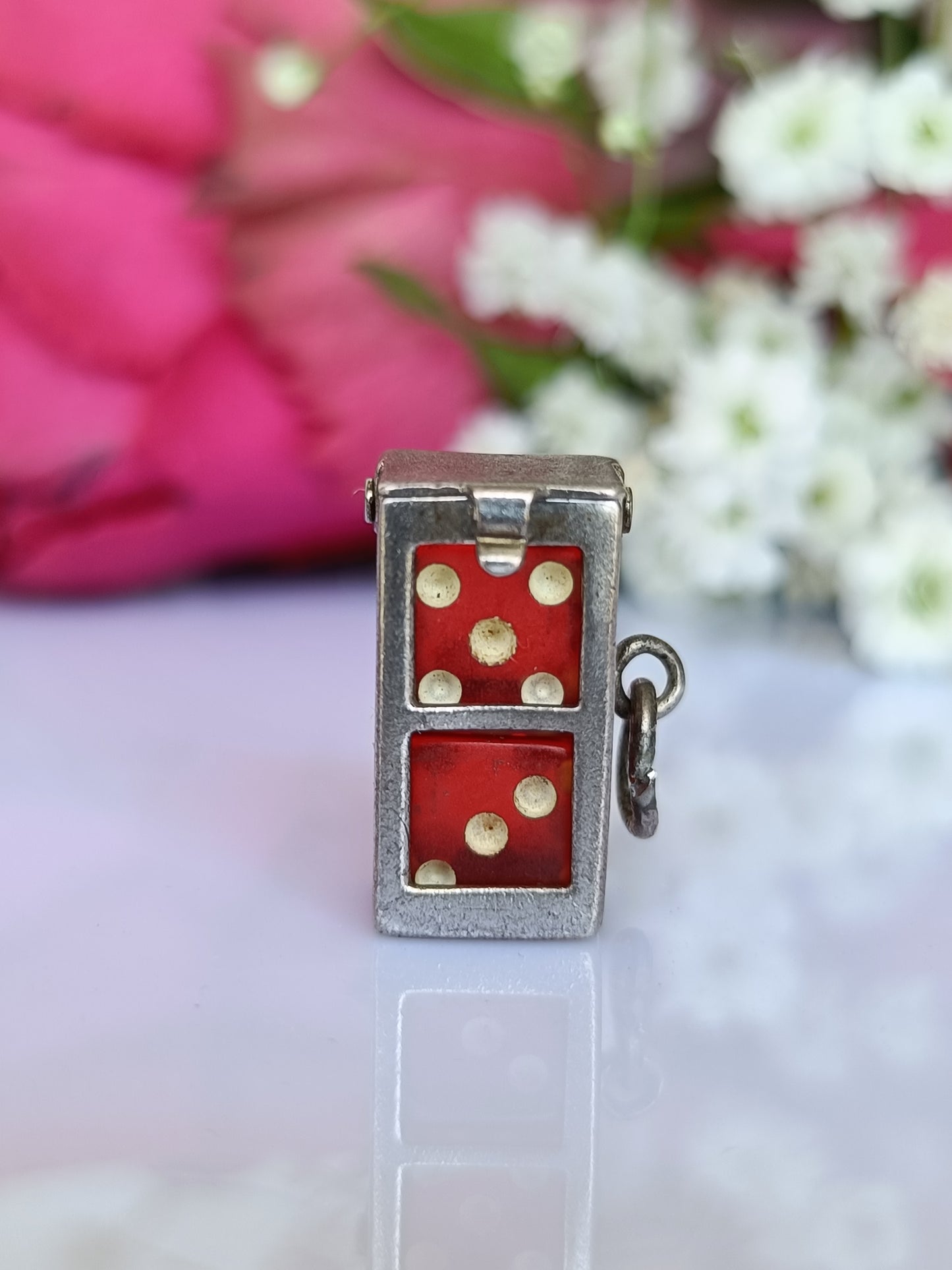 Vintage 1950's J.M Fisher sterling silver miniature dice in cage charm or pendant