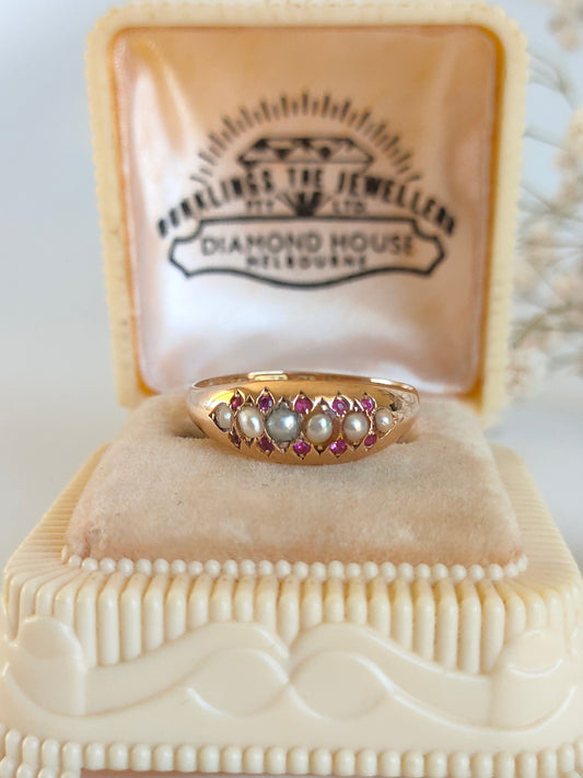 Antique 1878 15ct yellow gold Ruby & Seed pearl domed band gypsy ring