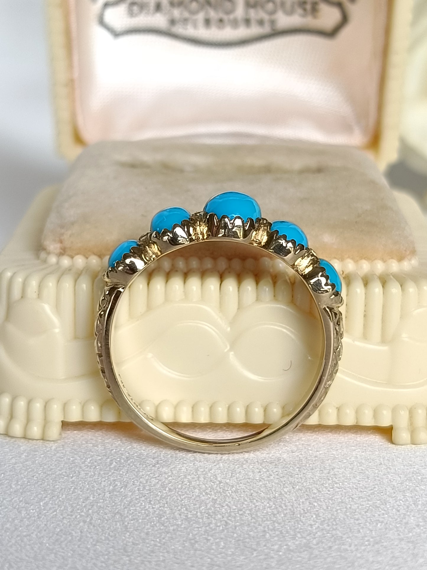 Modern English Made Solid 9ct Yellow Gold Sleeping beauty Turquoise half eternity ring size 7 US or N UK