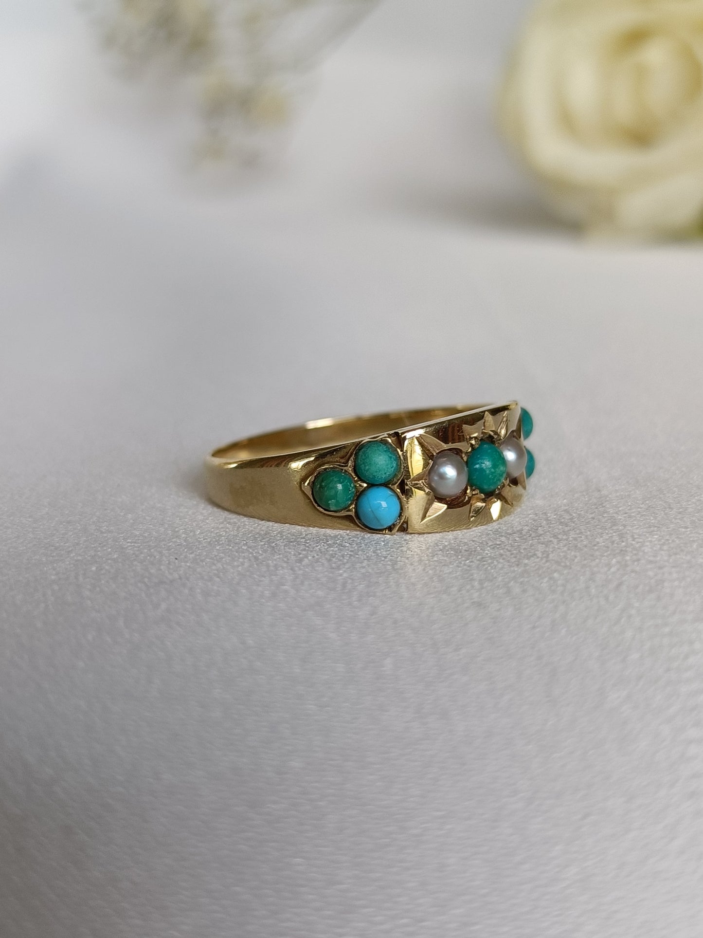 Antique 15ct Gold Star Set Turquoise & Seed Pearl Gypsy ring