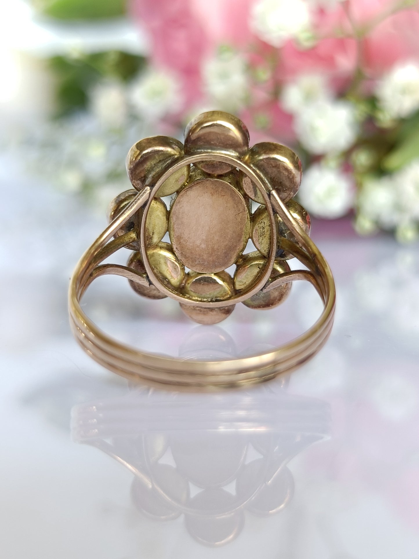Antique Edwardian 1900c 9ct Gold "Georgian Revival" Natural Garnet Flower Cluster Ring