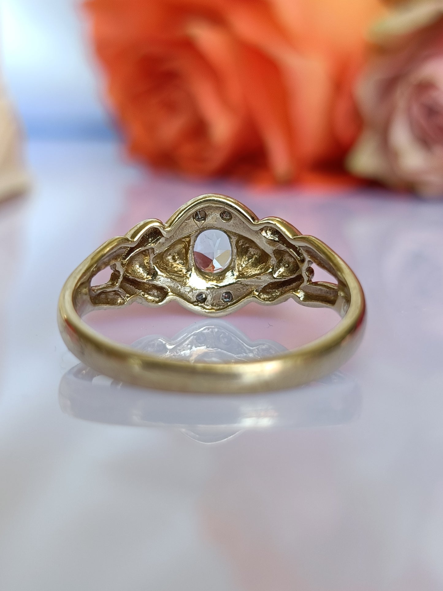 9ct yellow gold blue topaz & diamond dress ring size 5 1/2 US or K UK