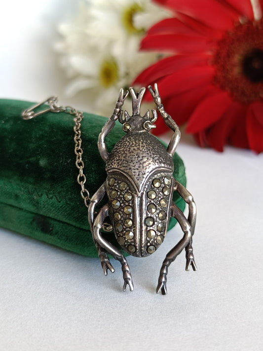 Vintage mid century sterling silver & marcasite beetle brooch with safety chain