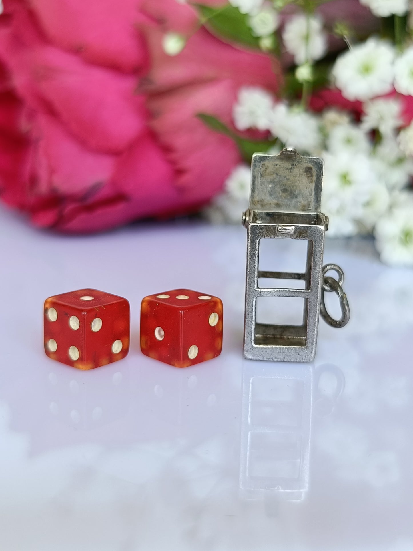 Vintage 1950's J.M Fisher sterling silver miniature dice in cage charm or pendant