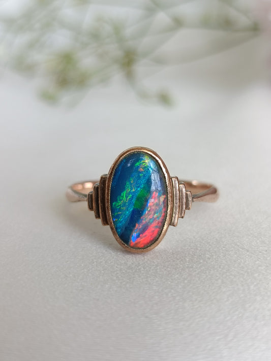 Antique Australian 9ct gold solitaire black opal doublet ring by William Drummond