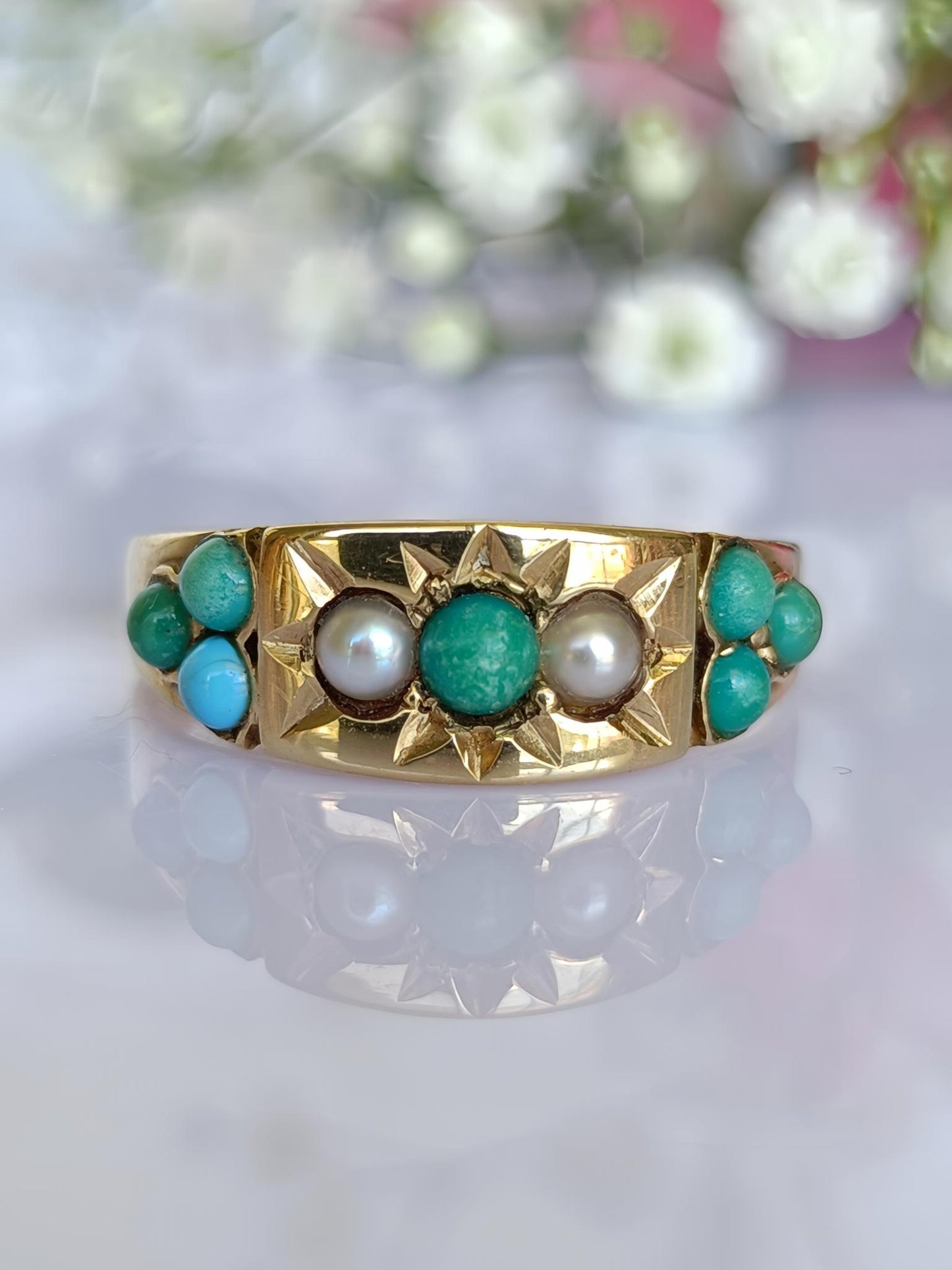 Antique 15ct Gold Star Set Turquoise & Seed Pearl Gypsy ring