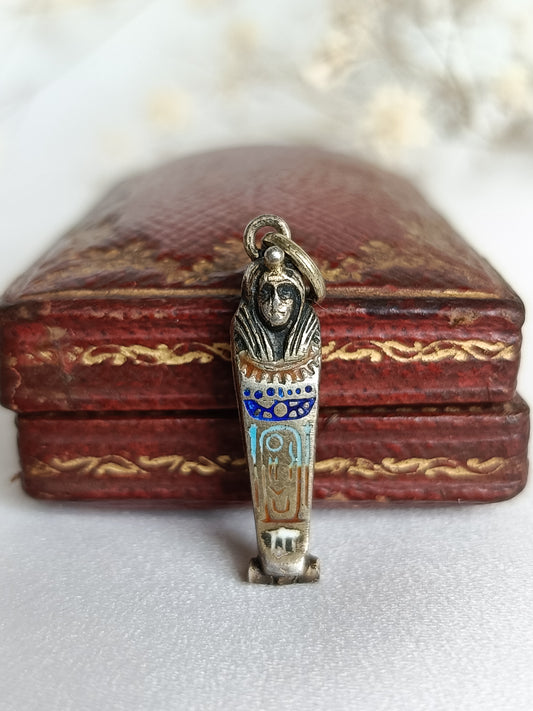 Antique silver & Enamel Egyptian revival sarcophagus & mummy charm