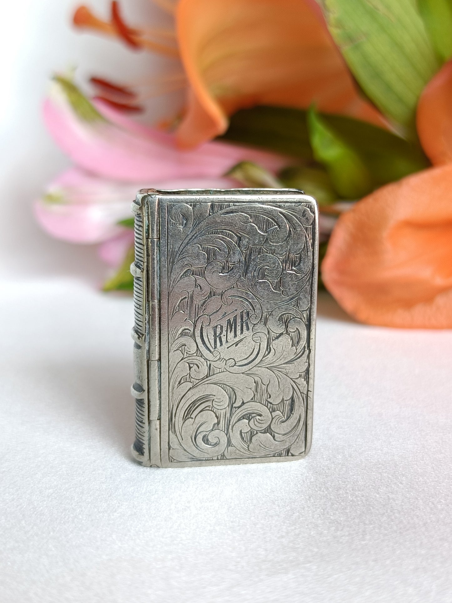 Antique 1841 early Victorian sterling silver miniature book case stamp holder