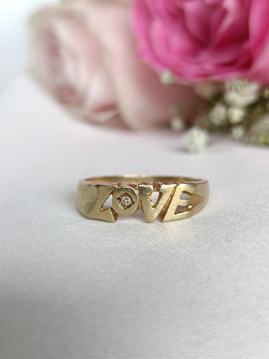 Vintage 1960's 14ct yellow gold & diamond "LOVE" typography word ring size 6 1/2 or M