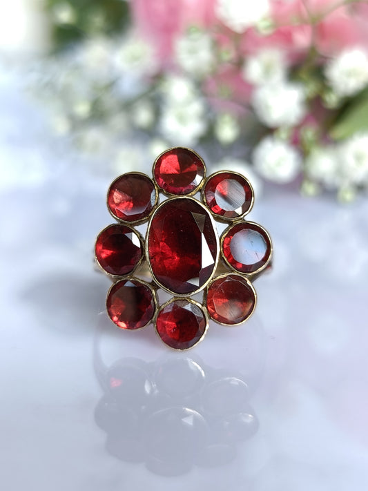 Antique Edwardian 1900c 9ct Gold "Georgian Revival" Natural Garnet Flower Cluster Ring