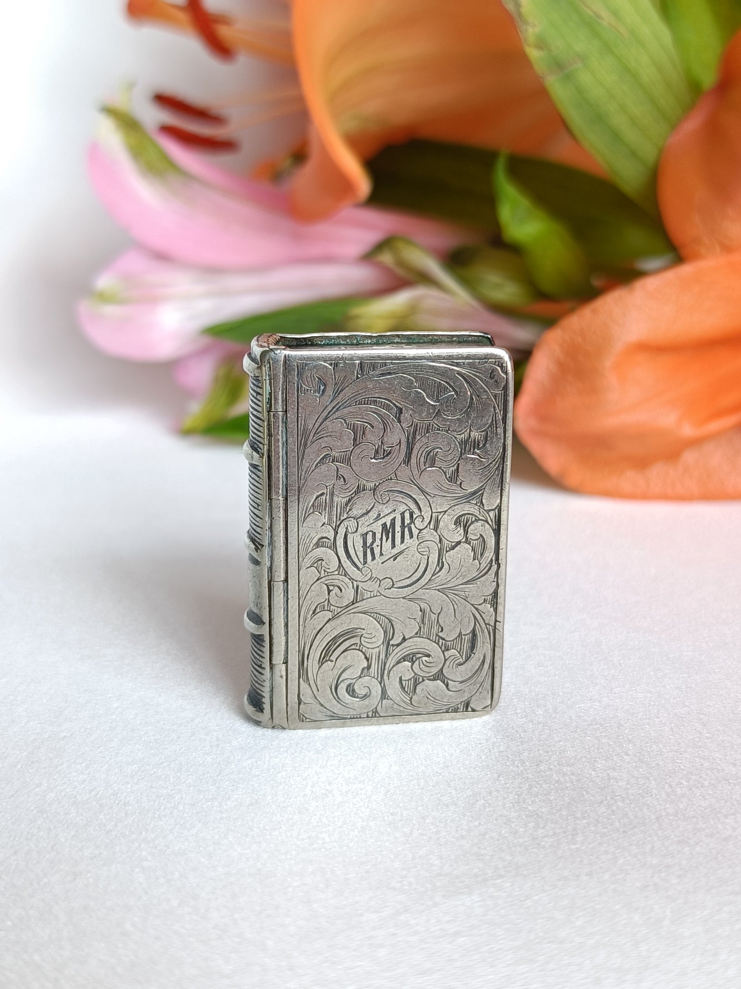 Antique 1841 early Victorian sterling silver miniature book case stamp holder