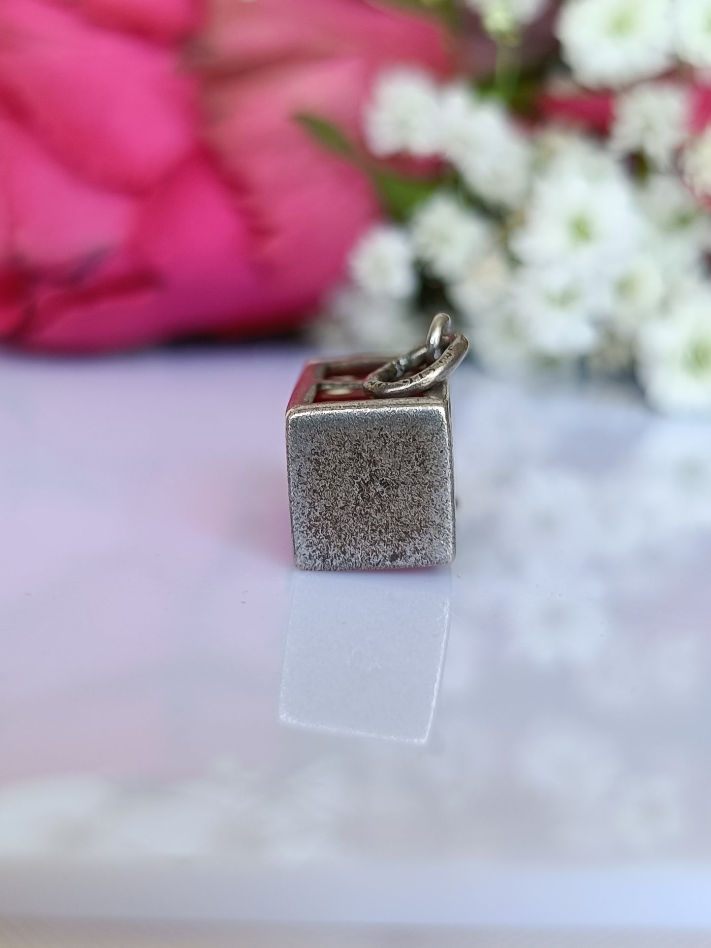 Vintage 1950's J.M Fisher sterling silver miniature dice in cage charm or pendant