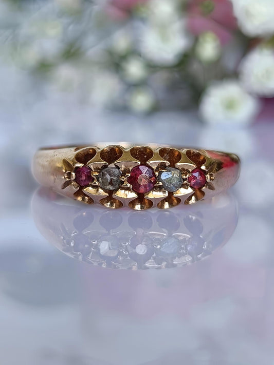 Antique Victorian 15ct yellow gold garnet & diamond 5 stone boat ring size 7 US or N UK