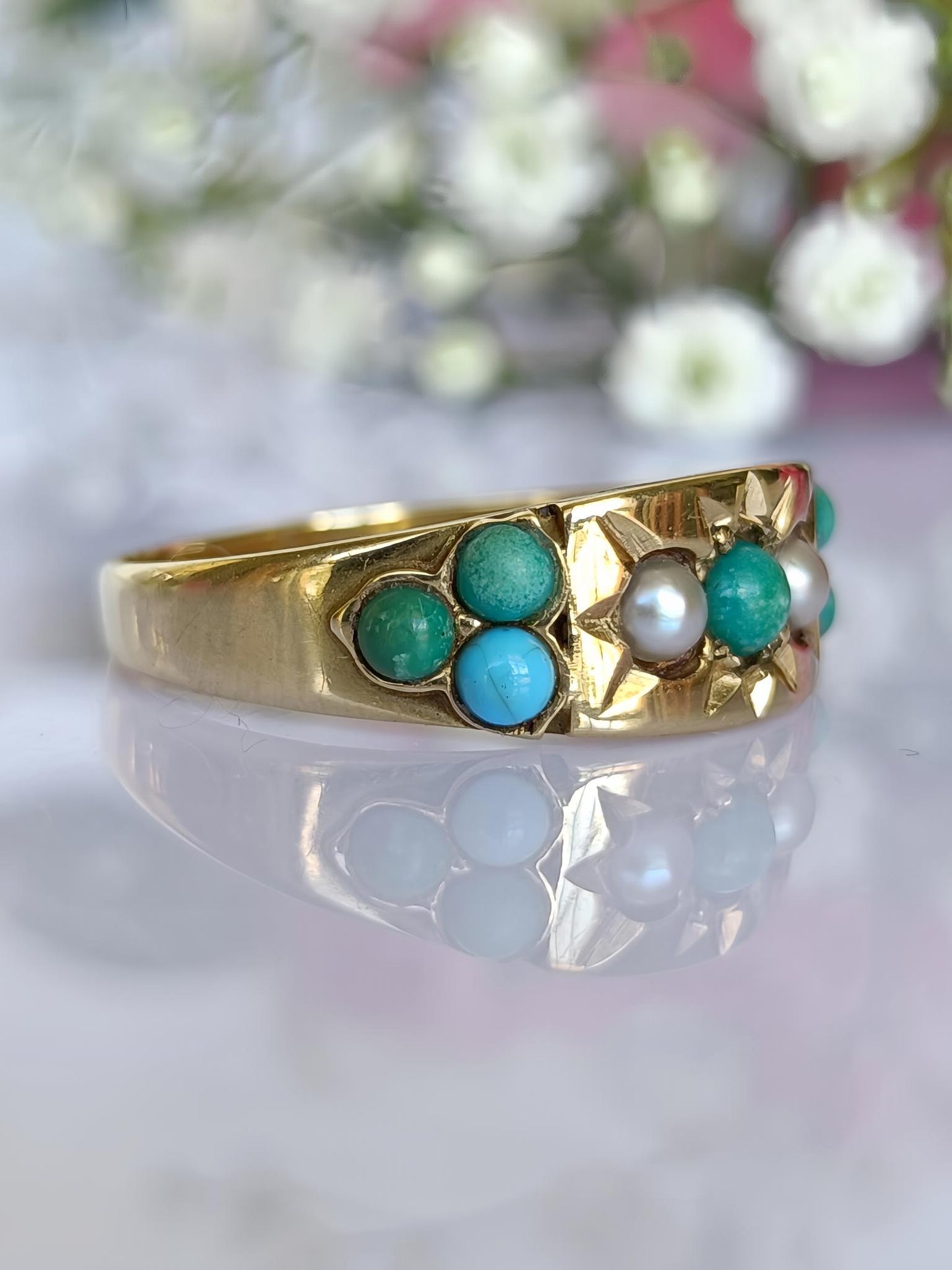 Antique 15ct Gold Star Set Turquoise & Seed Pearl Gypsy ring