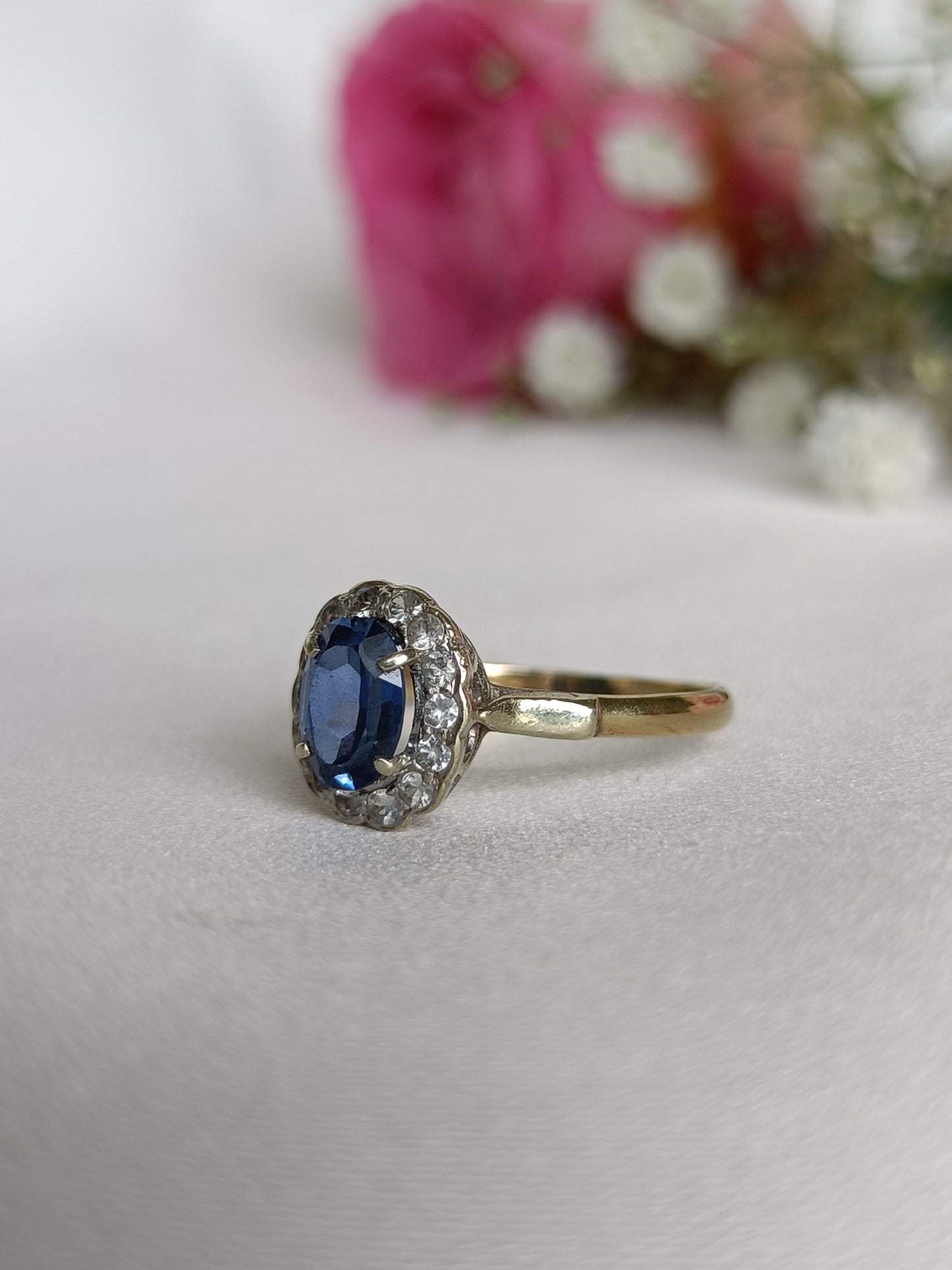 Vintage art deco 9ct gold sapphire & paste flower cluster ring size 6 1/2 US or M UK