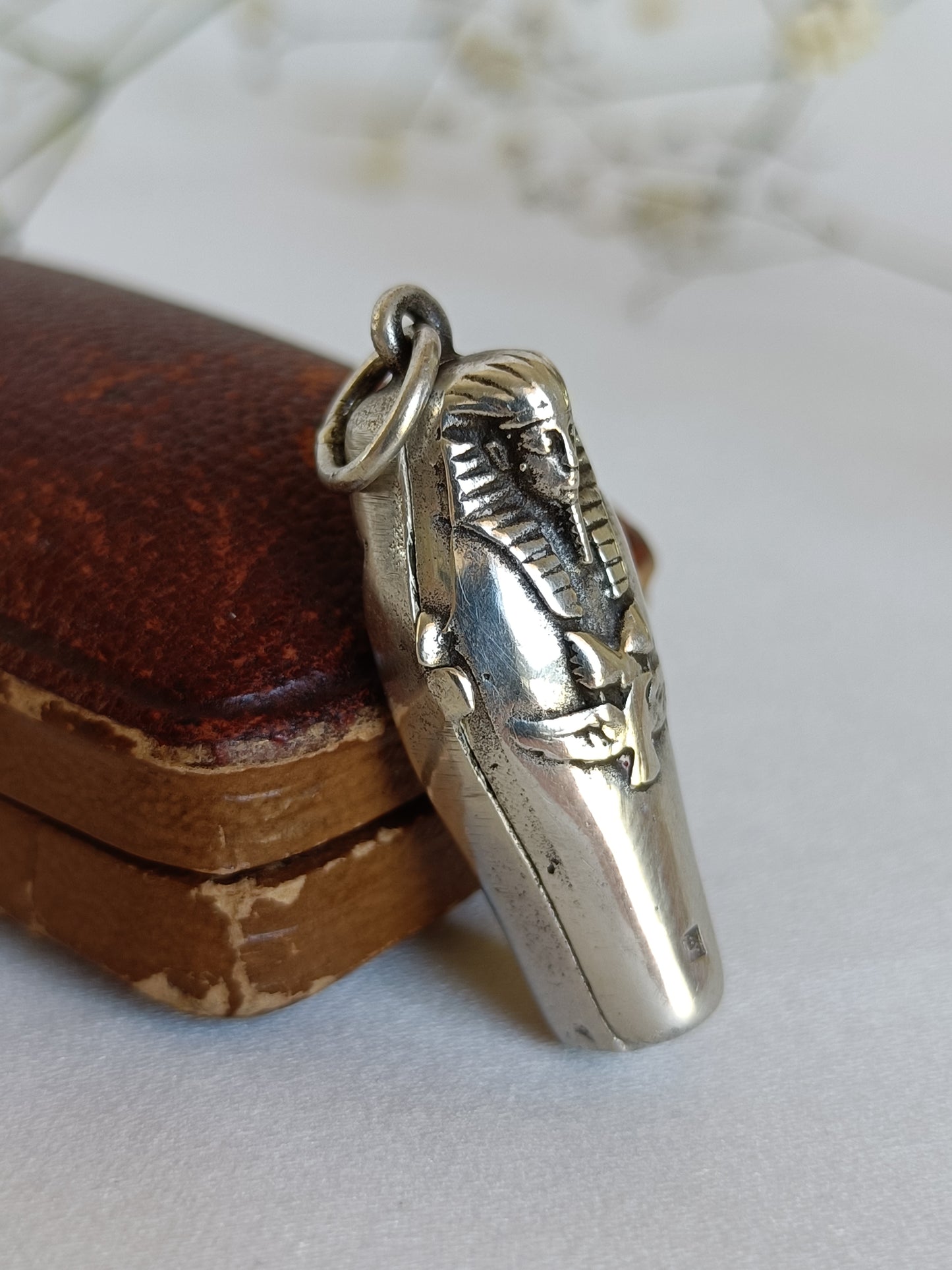 Vintage Egyptian 800 silver sarcophagus locket & mummy pendant