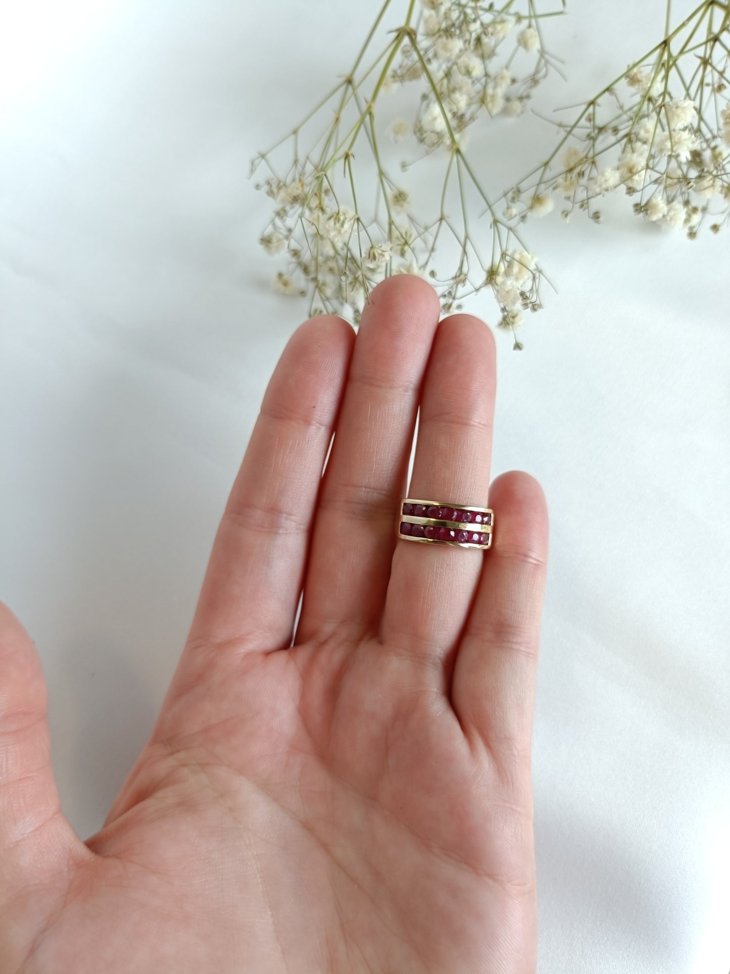 Vintage 10ct yellow gold Channel Set double row Natural Ruby cocktail Ring