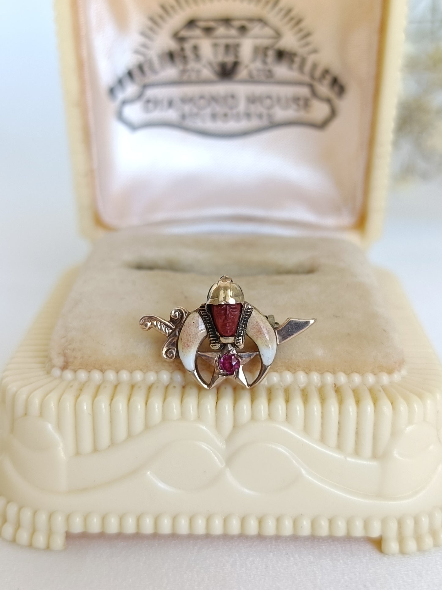 Antique 9ct gold & Ruby shriners lapel pin