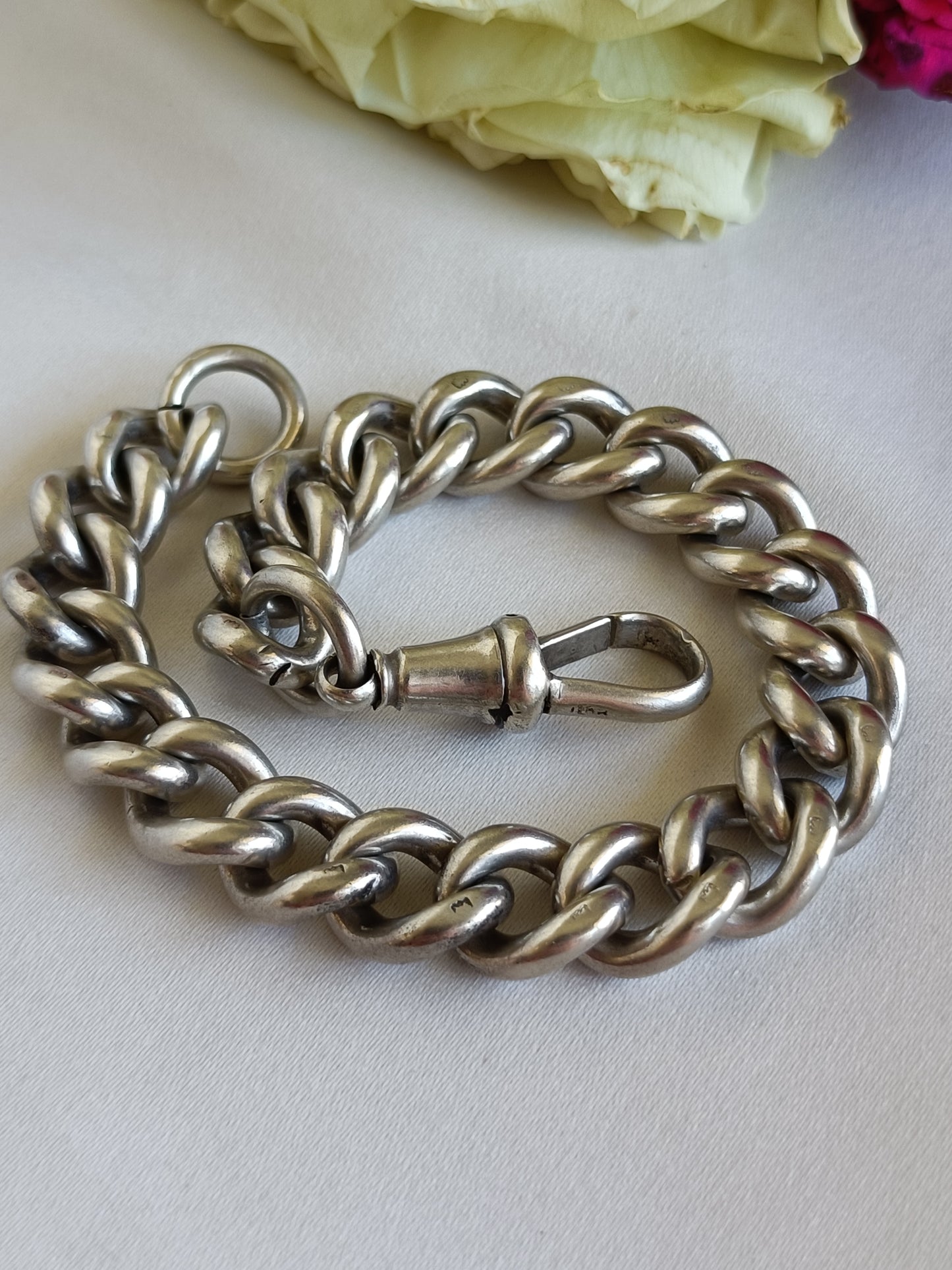 Antique English heavy sterling silver curb link chain bracelet with dog clip closure 22cm