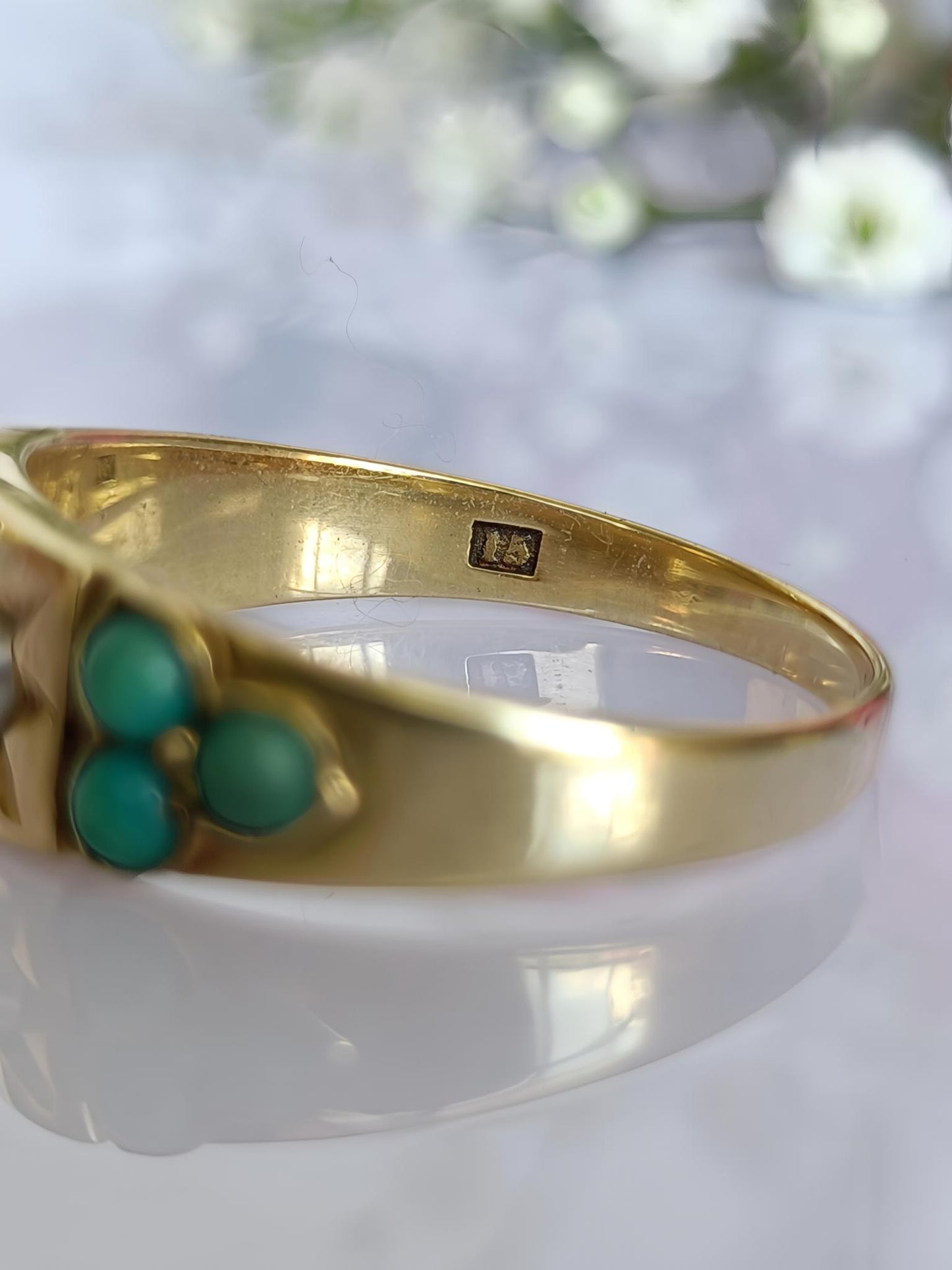 Antique 15ct Gold Star Set Turquoise & Seed Pearl Gypsy ring