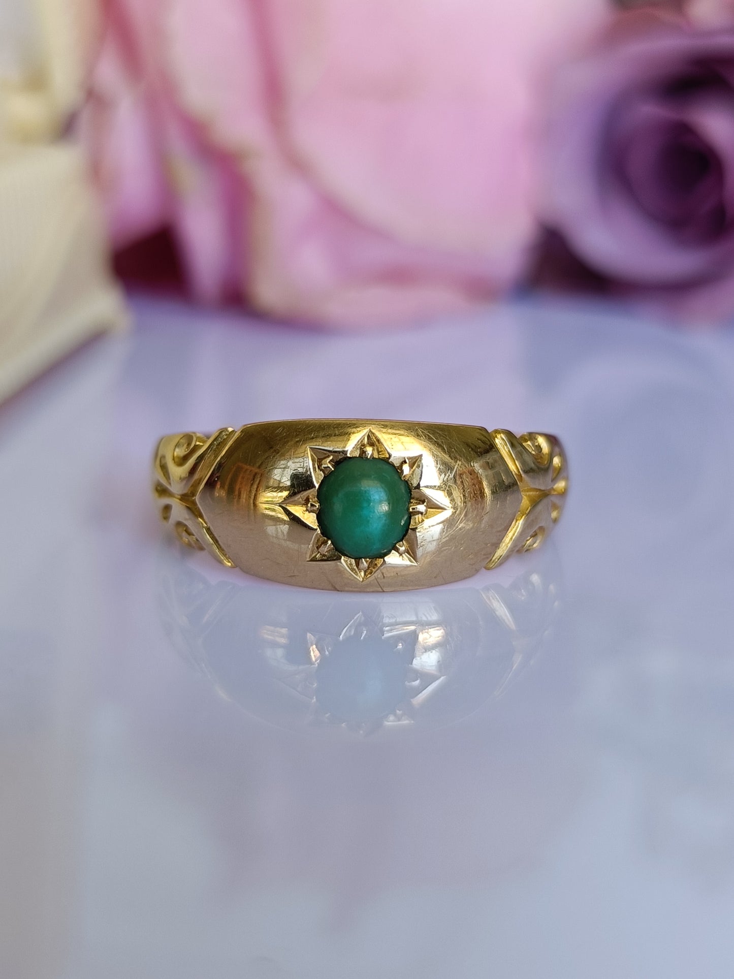 Antique 1908 Chester 18ct Gold & Turquoise Star Set Gypsy Band Ring