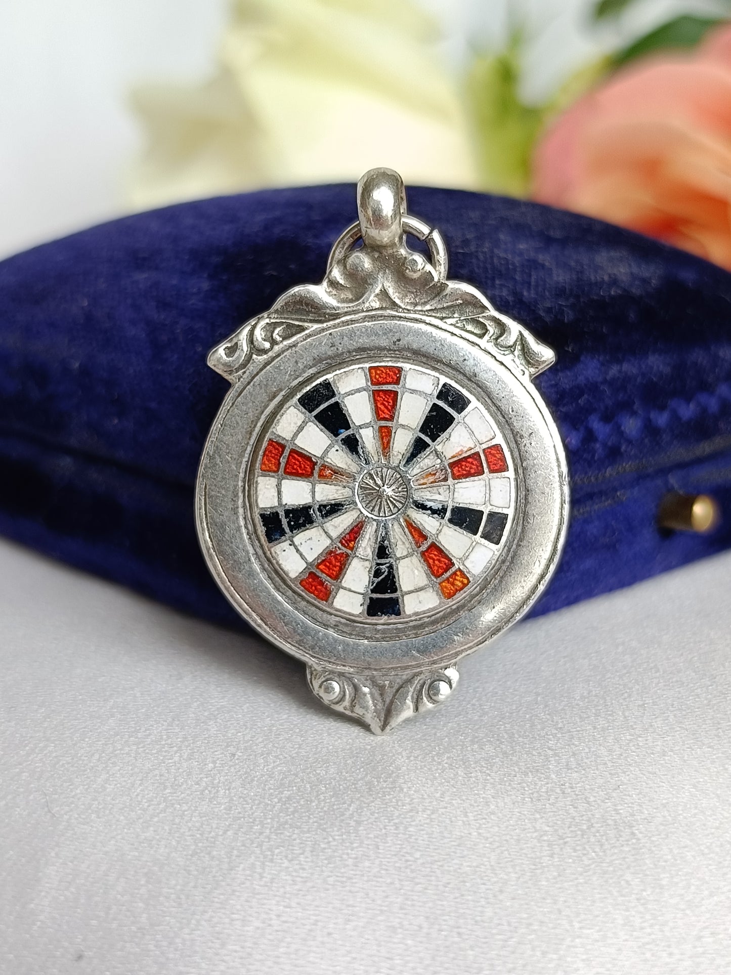 Vintage 1938 Sterling silver & Enamel dart board fob pendant by Robert Pringle & Sons.