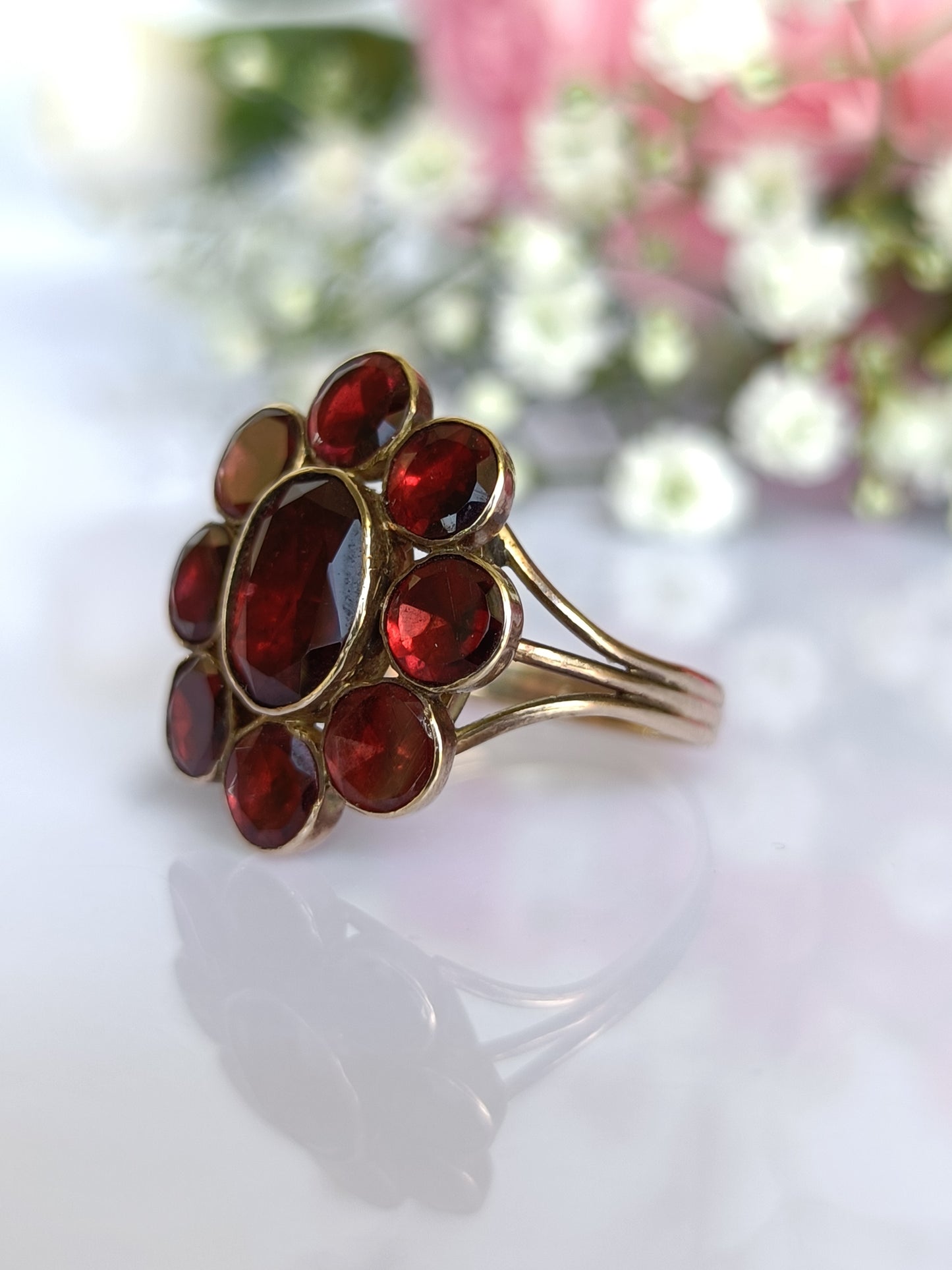 Antique Edwardian 1900c 9ct Gold "Georgian Revival" Natural Garnet Flower Cluster Ring