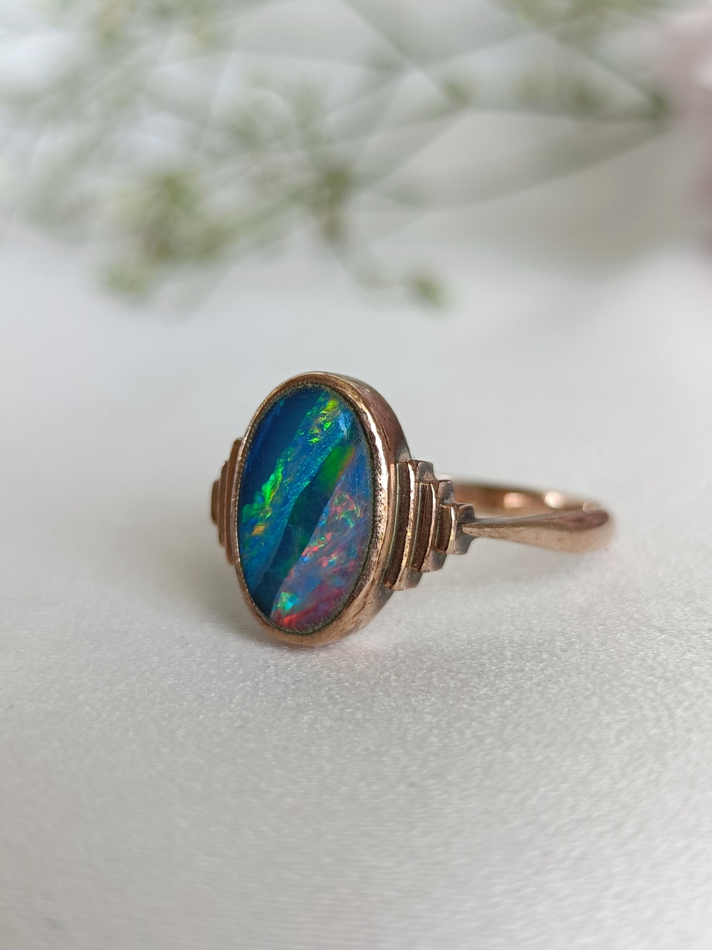 Antique Australian 9ct gold solitaire black opal doublet ring by William Drummond