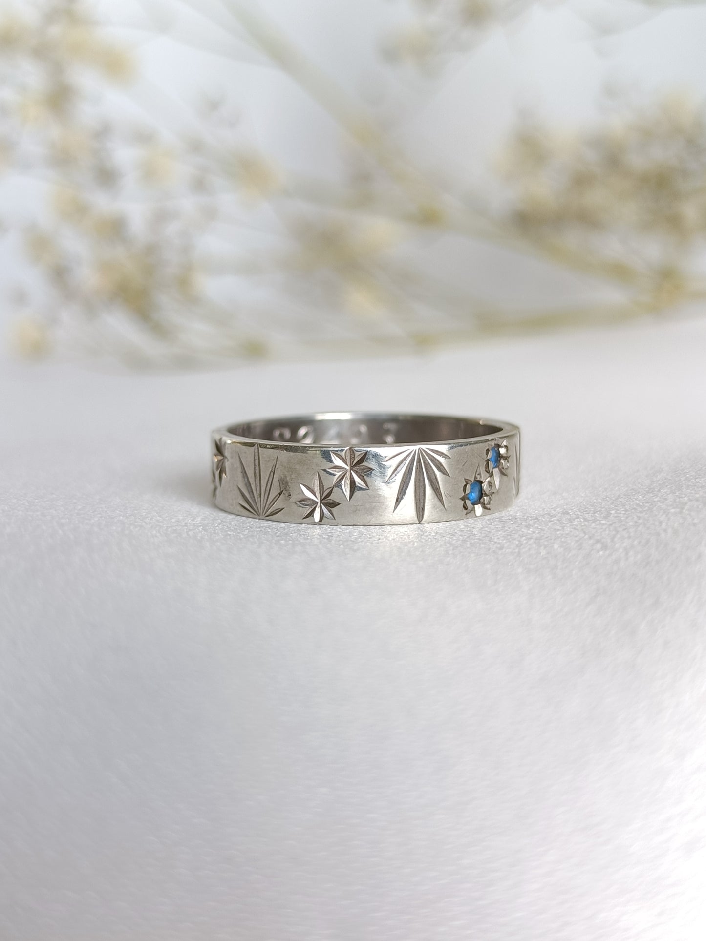 Vintage Australian 1960's Sterling silver MY VALENTINE blue spinel star etched band