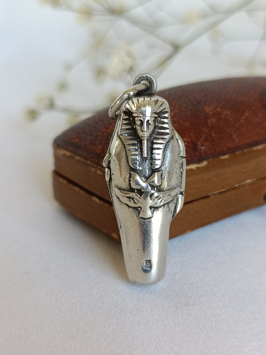 Vintage Egyptian 800 silver sarcophagus locket & mummy pendant