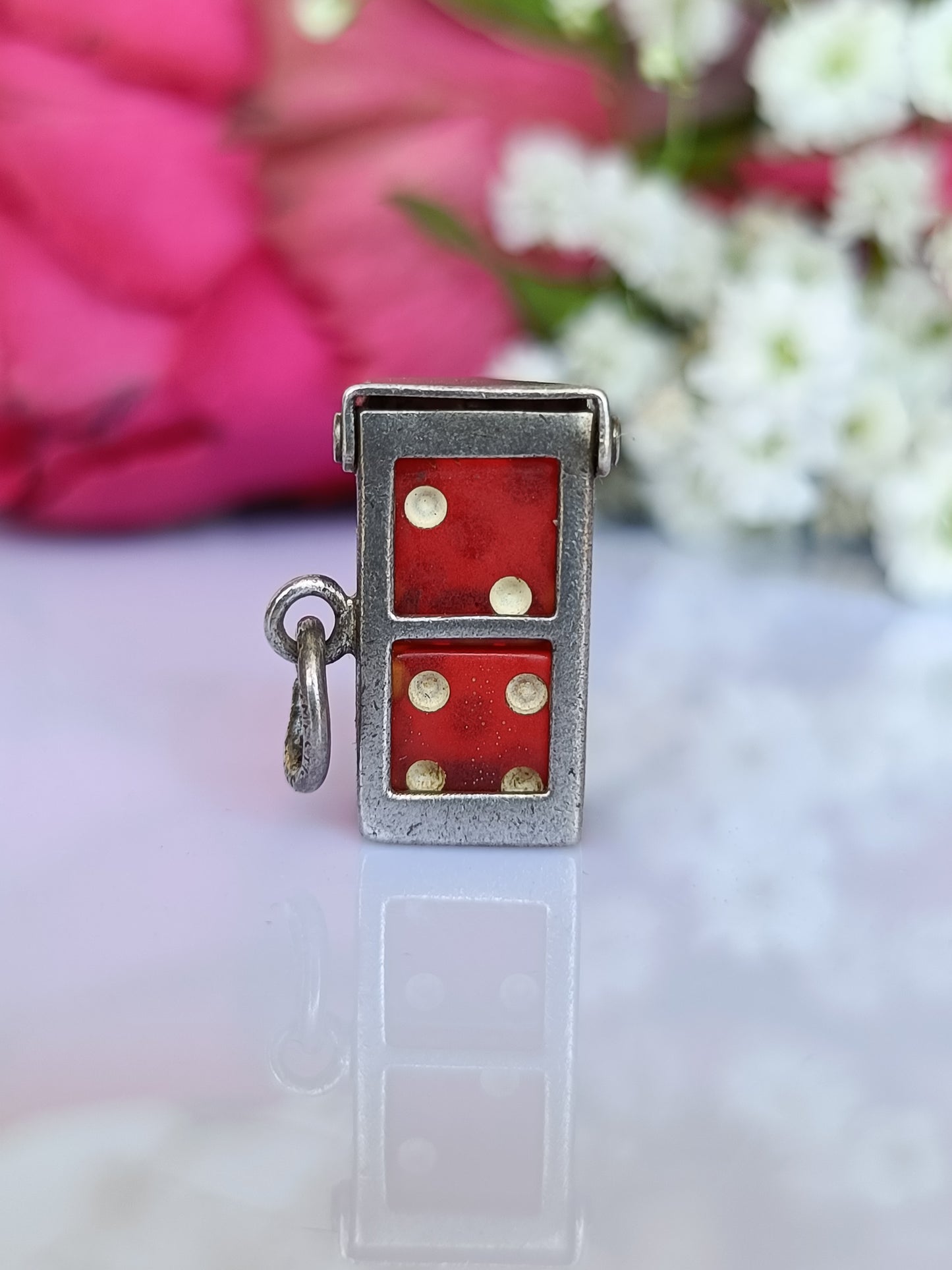 Vintage 1950's J.M Fisher sterling silver miniature dice in cage charm or pendant