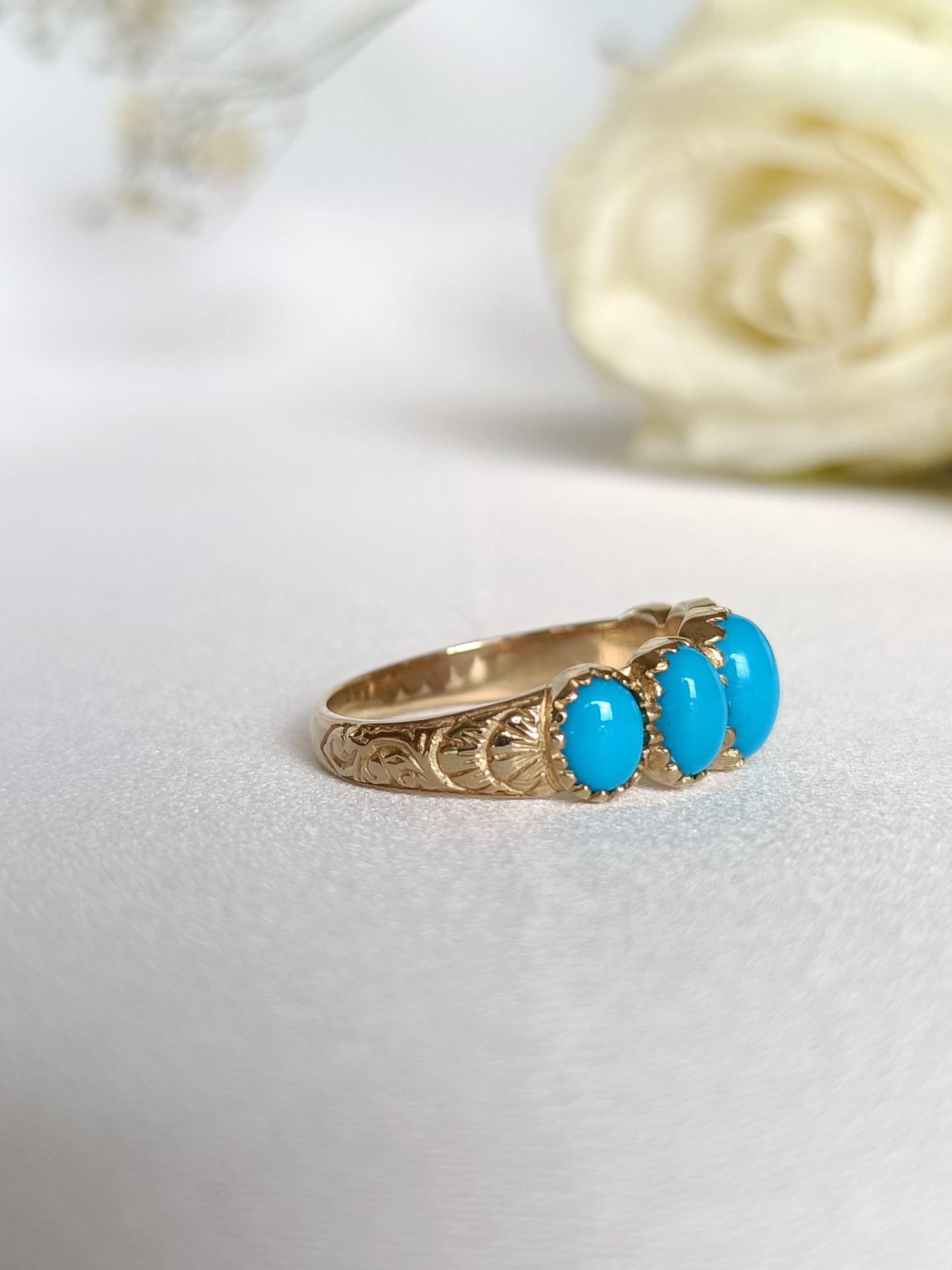 Modern English Made Solid 9ct Yellow Gold Sleeping beauty Turquoise half eternity ring size 7 US or N UK