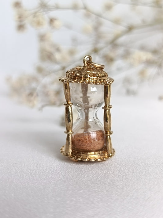 Vintage 1966 9ct yellow gold miniature hour glass sand timer pendant or charm by Fred Manshaw Ltd.