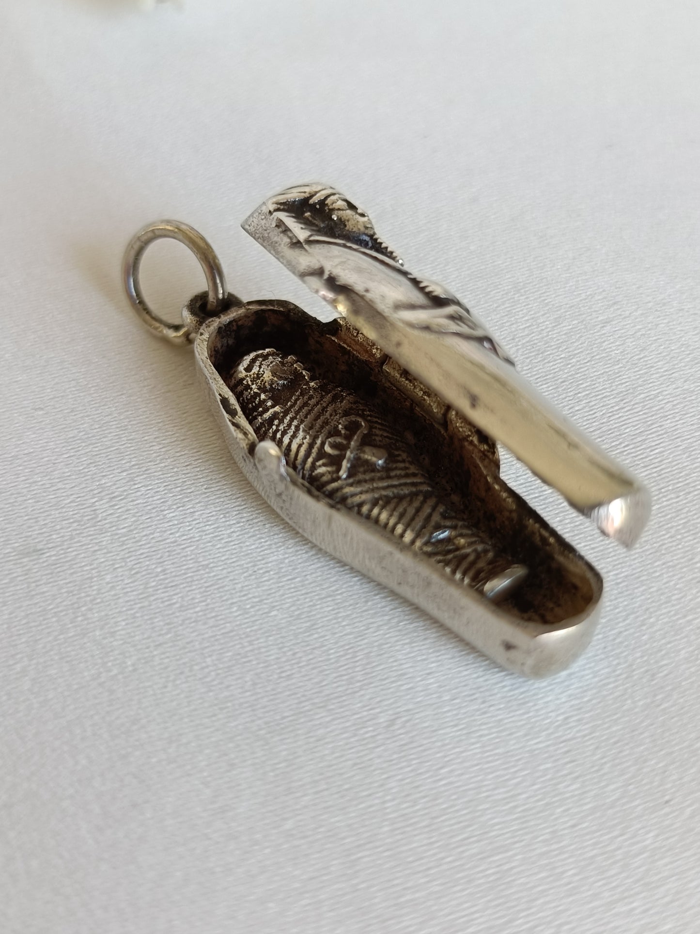 Vintage Egyptian 800 silver sarcophagus locket & mummy pendant