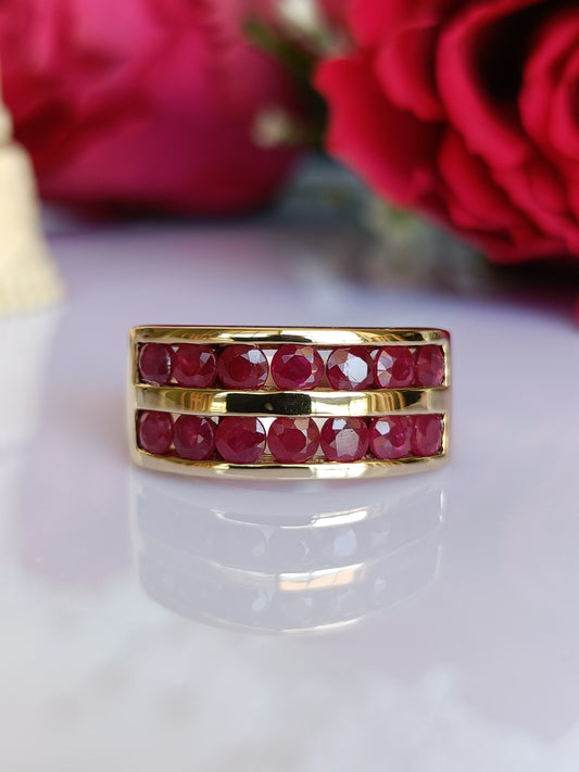Vintage 10ct yellow gold Channel Set double row Natural Ruby cocktail Ring