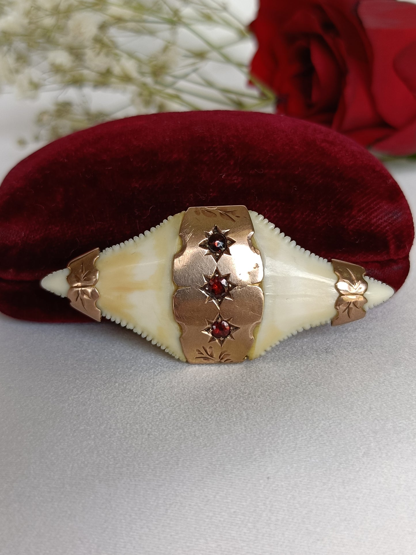 Antique Australian 9ct Gold & Garnet Double Great White Shark tooth brooch