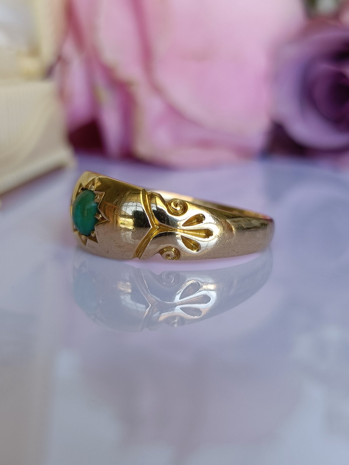 Antique 1908 Chester 18ct Gold & Turquoise Star Set Gypsy Band Ring