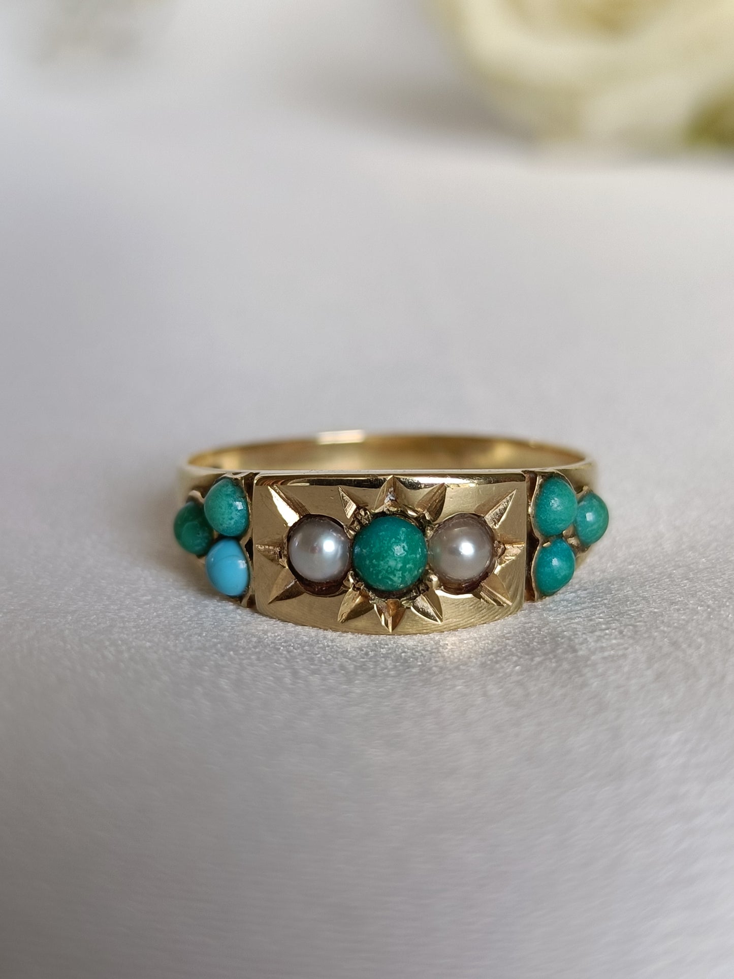 Antique 15ct Gold Star Set Turquoise & Seed Pearl Gypsy ring