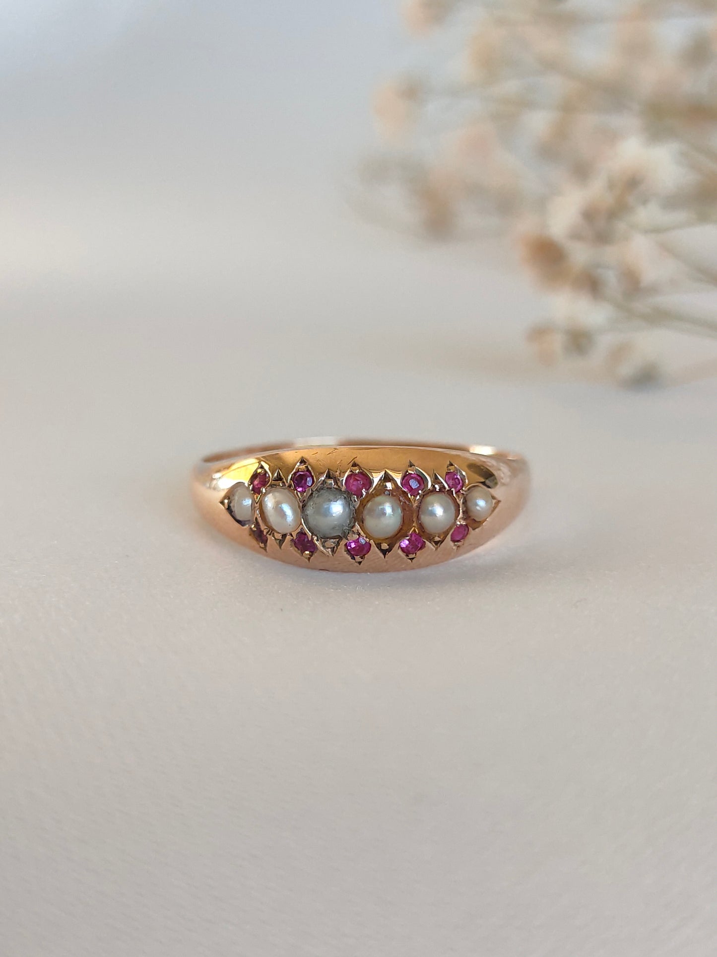 Antique 1878 15ct yellow gold Ruby & Seed pearl domed band gypsy ring