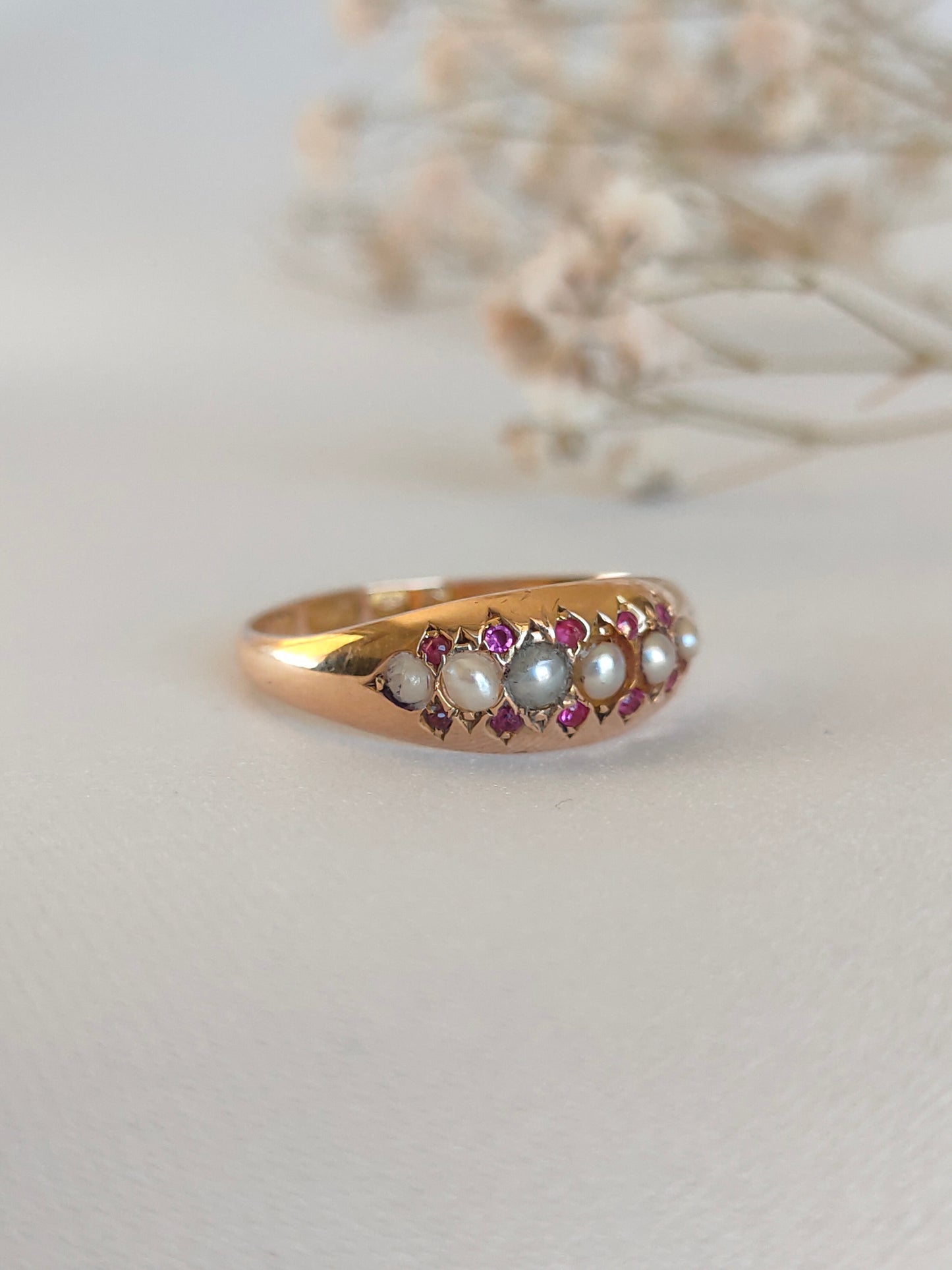 Antique 1878 15ct yellow gold Ruby & Seed pearl domed band gypsy ring