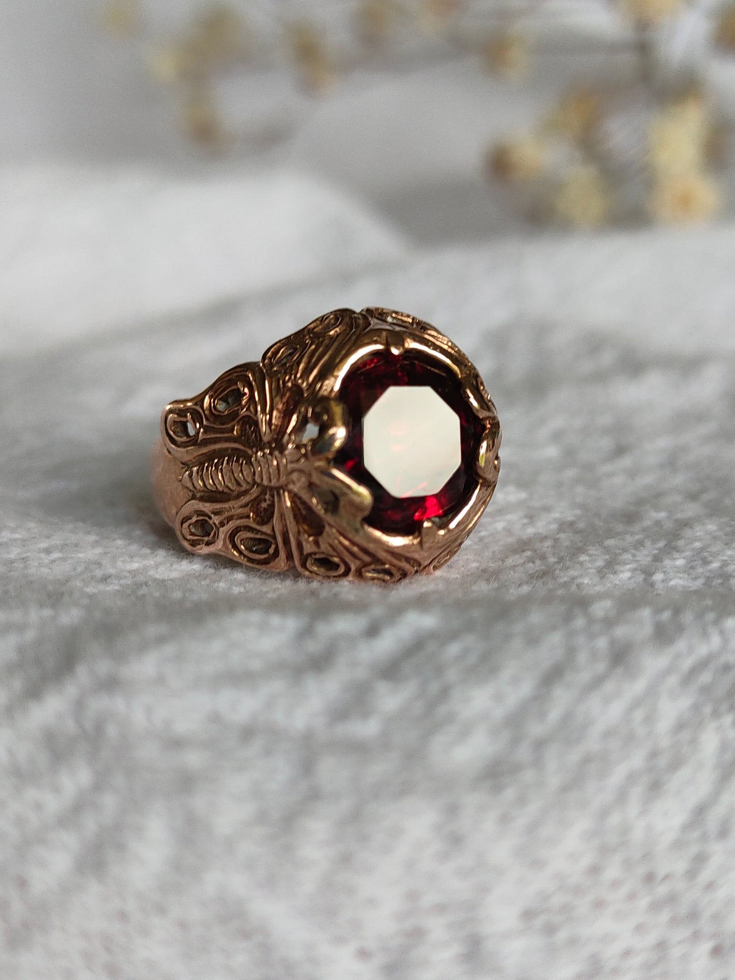 Brilliant Antique Solid 9ct gold natural Garnet Butterfly solitaire Signet ring