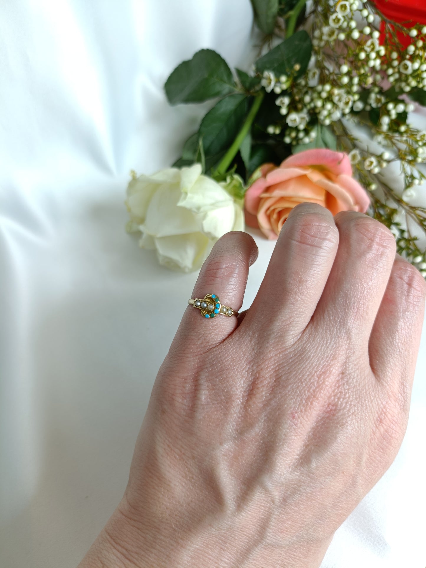 Antique Victorian 1864c 15ct yellow gold turquoise & seed pearl buckle ring