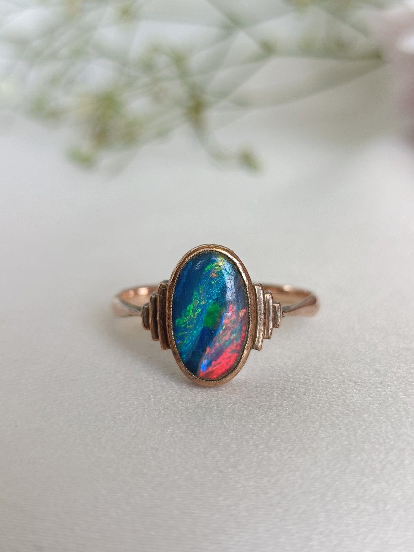 Antique Australian 9ct gold solitaire black opal doublet ring by William Drummond