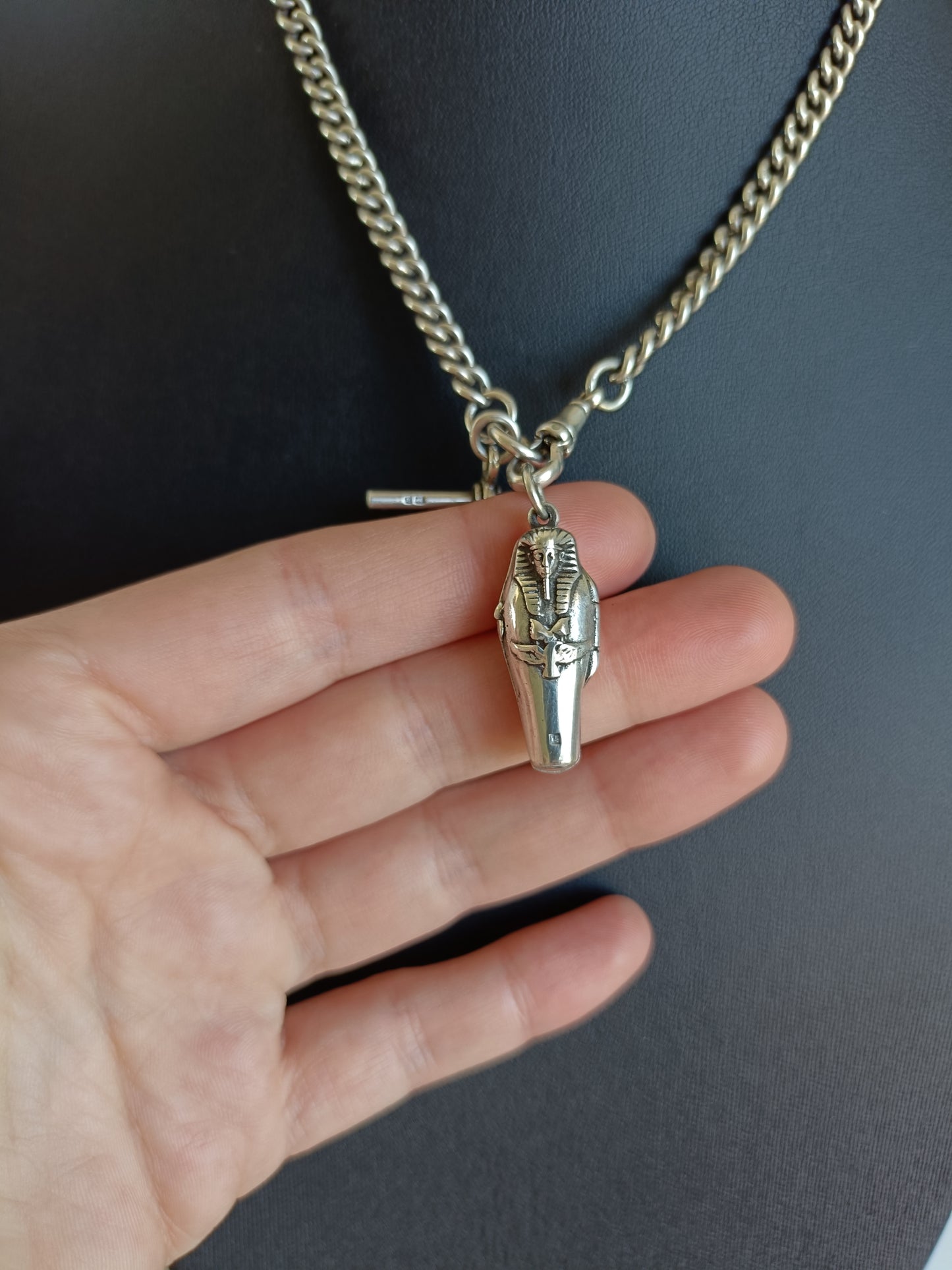 Vintage Egyptian 800 silver sarcophagus locket & mummy pendant