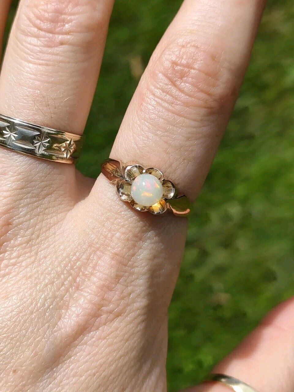 Antique 9ct Gold & solid Opal Orb belcher gypsy ring