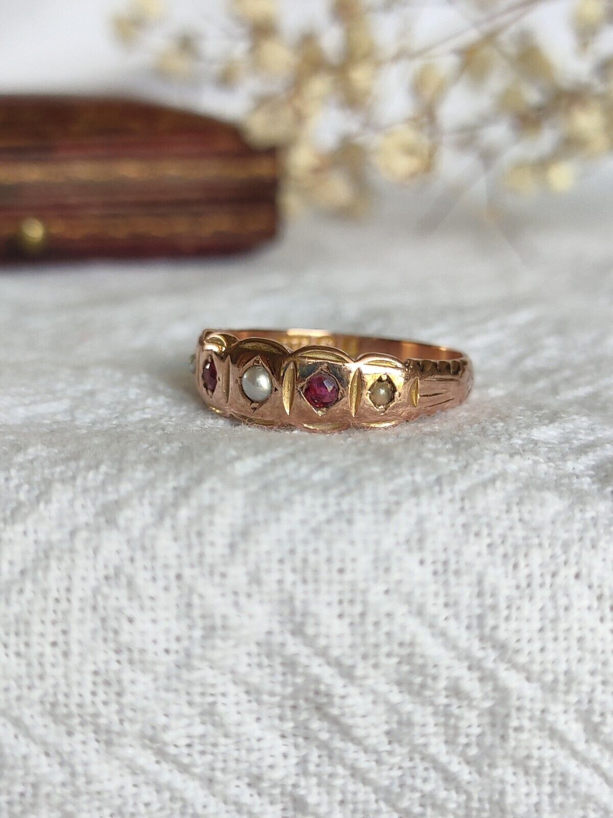 Antique 1905 9ct Rose Gold Ruby & Seed Pearl Ring