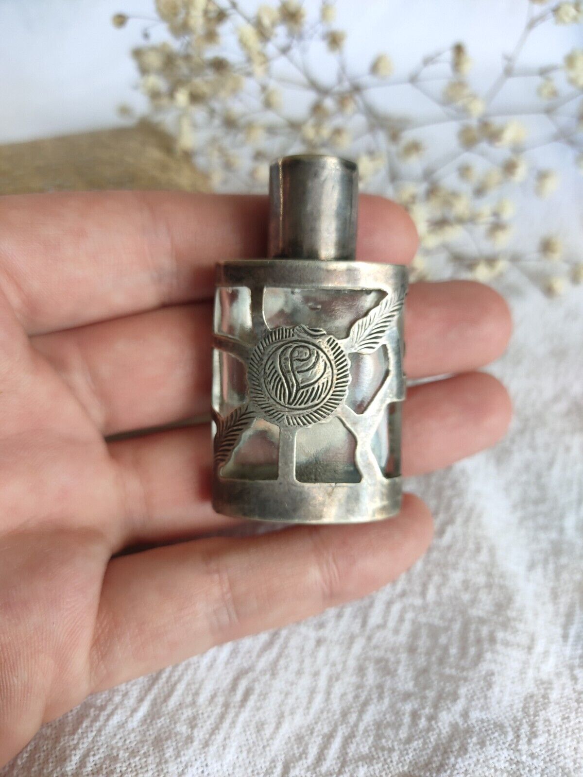 Vintage Sterling Silver 925 Encased Glass Perfume Bottle Mexican Art Nouveau