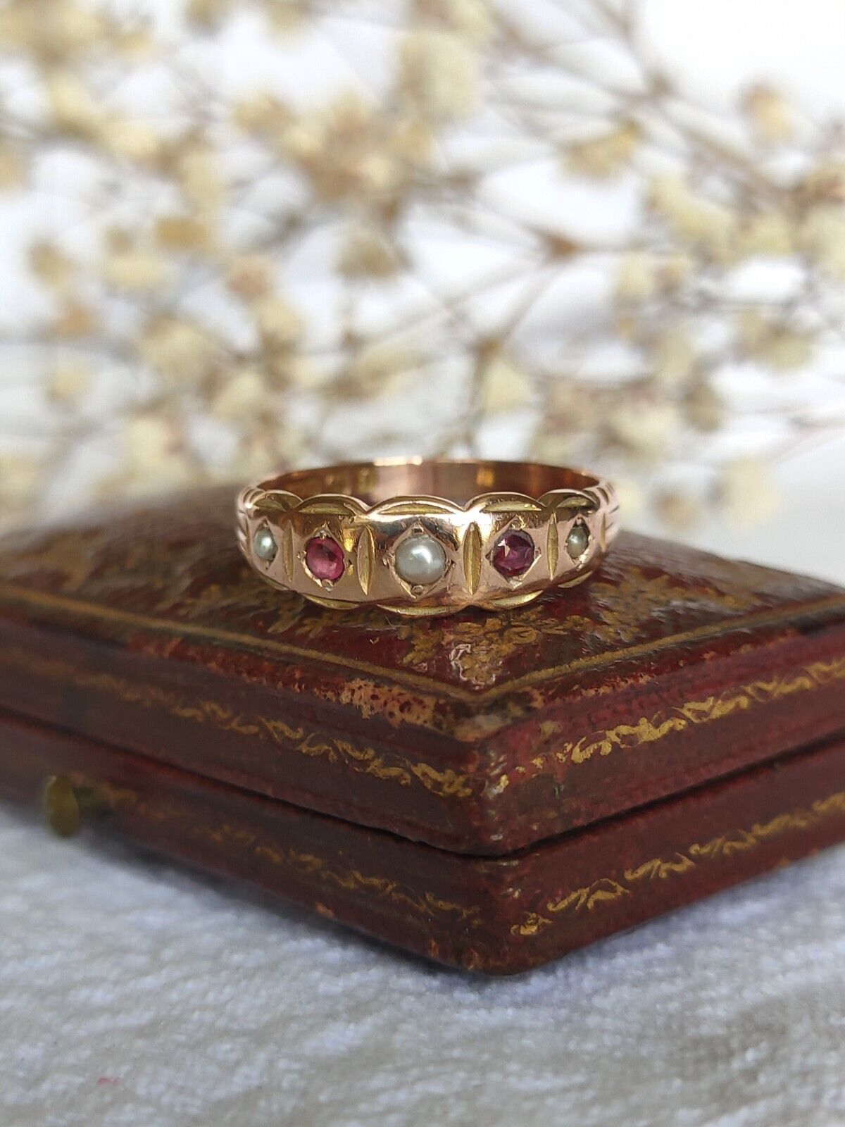 Antique 1905 9ct Rose Gold Ruby & Seed Pearl Ring