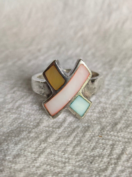 Vintage solid 925 sterling silver pastel coloured shell X ring